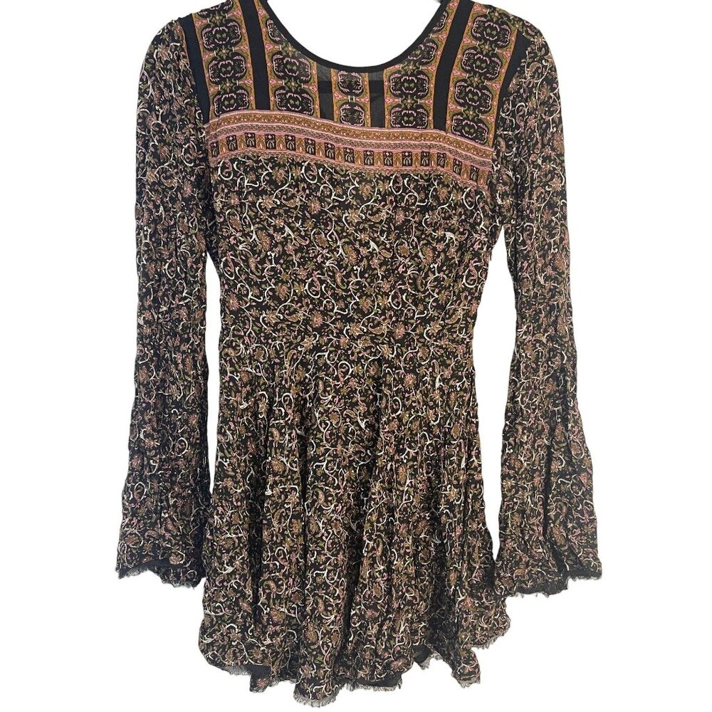ecote long sleeve shirt blouse boho fringe floral black brown sheer tie READ